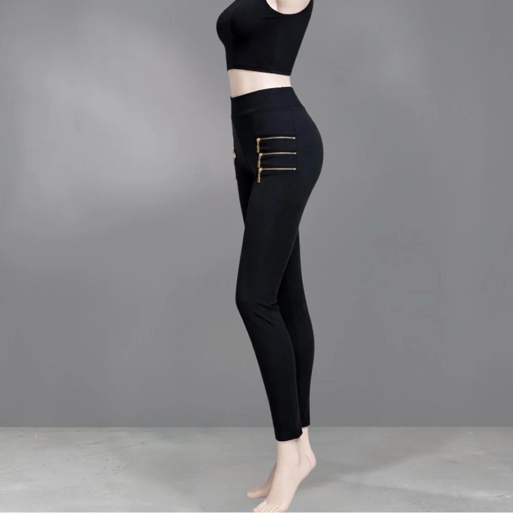 Women's Black High-Waist Slim Pants with Gold Zipper Detail
